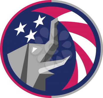 Illustration of an American Republican GOP elephant mascot viewed from the side set inside circle with USA stars and stripes flag in the background done in retro style. 