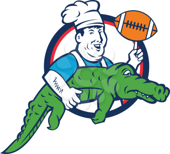 Illustration of a smiling chef cook wearing hat and apron twirling football ball and carrying alligator viewed from the side set inside circle done in retro style. 
