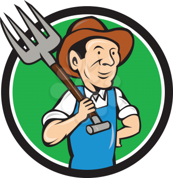 Illustration of organic farmer holding pitchfork on shoulder looking to the side viewed from front set inside circle on isolated background done in cartoon style.