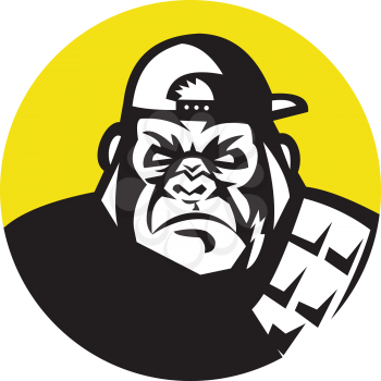 Illustration of an angry gorilla ape head wearing baseball cap viewed from front set inside circle on isolated background done in retro style.