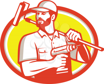 Illustration of a handyman with beard moustache facial hair holding paint roller on shoulder and cordless drill looking to the side set inside oval shape on isolated background done in retro style. 