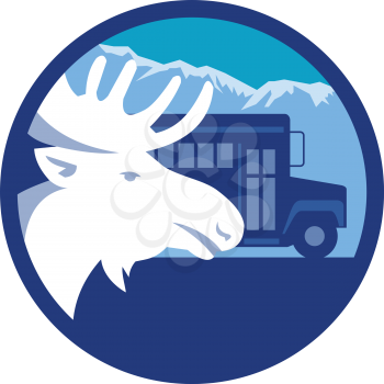 Illustration of a moose head viewed from the side set inside circle with school bus and mountains alps in the background done in retro style. 