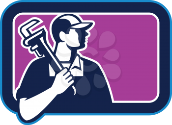 Illustration of a plumber holding pipe wrench on shoulder looking to the side viewed from front set inside rectangle shape on isolated background done in cartoon style. 
