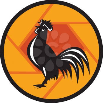 Illustration of a rooster crowing viewed from the side set inside camera shutter circle shape done in retro style. 