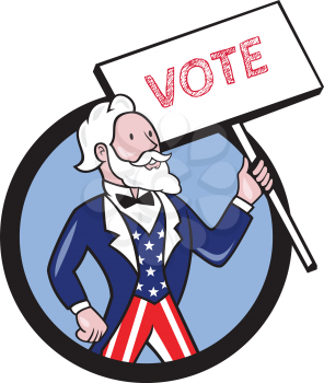 Illustration of Uncle Sam wearing american stars and stripes suit looking to the side holding placard with the word VOTE viewed from front set inside circle on isolated background done in cartoon styl