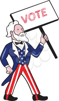 Illustration of Uncle Sam wearing american stars and stripes suit standing looking to the side holding placard with the word VOTE viewed from front set on isolated white background done in cartoon sty