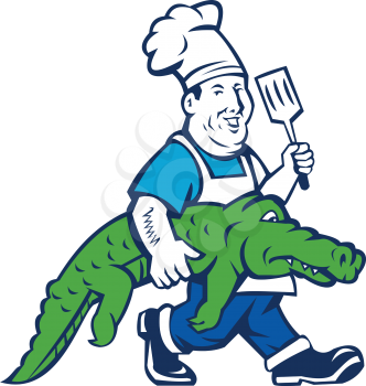 Illustration of a chef smiling carrying alligator in one hand and holding spatula in the other hand walking viewed from the side set on isolated white background done in cartoon style. 