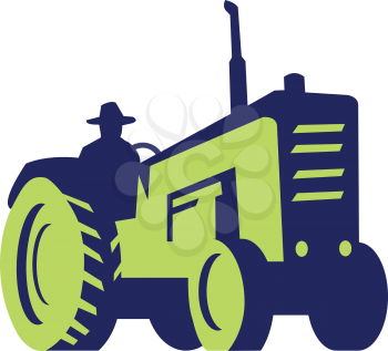 Illustration of an organic farmer wearing hat driving vintage farm tractor viewed from low angle set on isolated white background done in retro style. 