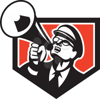 Illustration of a nerd man wearing hat and eye glasses looking up shouting through megaphone set inside shield crest on isolated background done in retro style. 