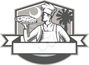 Illustration of a pizza chef baker serving holding pizza looking to the side viewed from front set inside shield crest with moon and palmetto tree in the background done in retro style. 