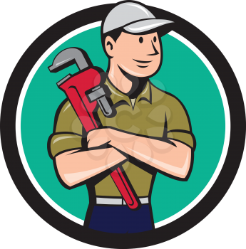 Illustration of a plumber wearing hat looking to the side arms crossed holding monkey wrench viewed from front set inside circle on isolated background done in cartoon style.