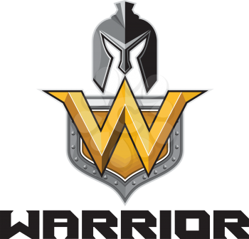Illustration of a spartan warrior helmet and letter W on a shield crest and the word text Warrior set on isolated white background done in retro style. 