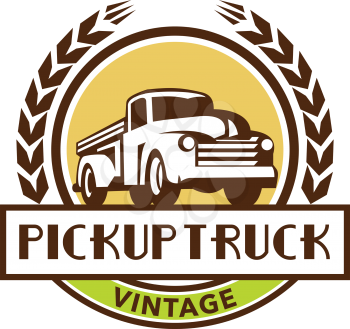 Illustration of a vintage pick up truck set inside circle with stylized wheat wreath and the words text Pickup Truck Vintage done in retro style. 