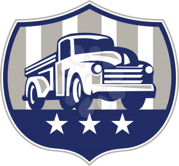 Illlustration of a vintage pick up truck set inside shield crest with usa american stars and stripes flag in the background done in retro style.