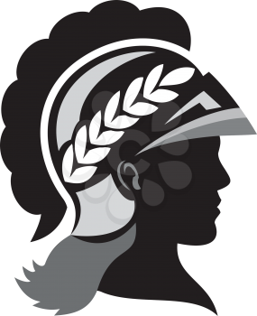 Illustration of a silhouette of Minerva or Menrva, the Roman goddess of wisdom and sponsor of arts, trade, and strategy wearing helmet and laurel crown viewed from side set on isolated white backgroun