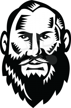Illustration of a bald head big bearded male man facing front set on isolated white background done in retro woodcut style. 