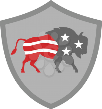 Illustration of an american bison buffalo bull with american stars and stripes flag as part of the body and head viewed from the side set inside shield crest on isolated background done in retro style