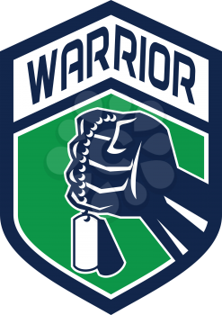Illustration of a clenched fist clutching holding dogtag set inside shield crest with the word text Warrior done in retro style. 