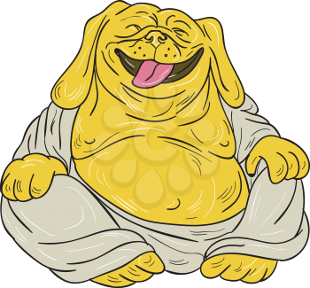 Illustration of a bulldog laughing buddha sitting viewed from front set on isolated white background done in cartoon style. 