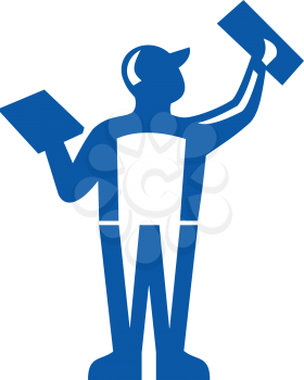 Illustration of a plasterer masonry tradesman construction worker holding trowel plastering viewed from rear set on isolated white background done in retro style. 