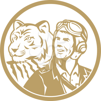 Illustration of a world war two pilot airman aviator and tiger looking to the side set inside circle done in gold retro style. 
