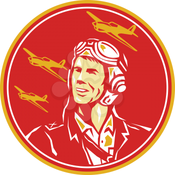Illustration of a world war two pilot airman aviator smiling looking to the side with fighter planes in the background set inside circle done in retro style. 