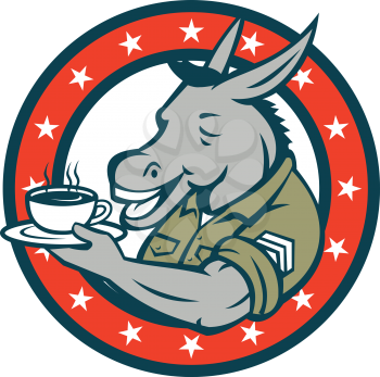 Illustration of a donkey army sergeant smiling holding cup and saucer drinking coffee viewed from the side set inside circle with stars done in cartoon style. 