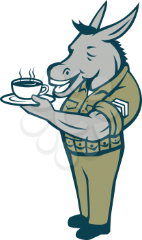 Illustration of a donkey army sergeant smiling standing holding cup and saucer drinking coffee viewed from the side set inside circle with stars done in cartoon style. 