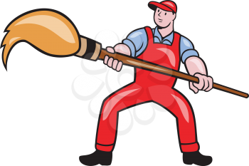 Illustration of an artist painter standing with legs apart holding a giant paintbrush set on isolated white background done in cartoon style.