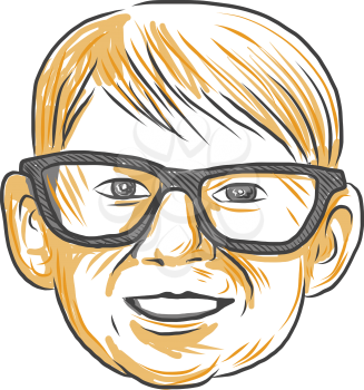 Drawing sketch style illustration of a head of a caucasian boy wearing glasses smiling viewed from front set on isolated white background done. 