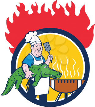 Illustration of a chef smiling carrying alligator in one hand and holding spatula in the other hand cooking with bbq grill set inside circle with fire in the background  done in cartoon style. 