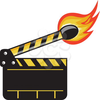 Illustration of a clapper board movie camera slate board match stick on fire set on isolated white background done in retro style. 
