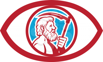 Illustration of Cronus or Kronos, Greek God and leader of Titans, holding a scythe or a sickle viewed from the side set inside an eye on isolated background done in retro style. 