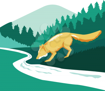 Illustration of a fox drinking from river creek set inside square shape with woods trees forest in the background done in retro style. 