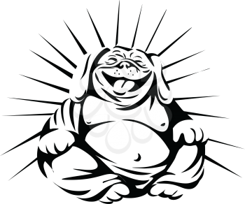 Black and white illustration of a bulldog laughing buddha sitting viewed from front set on isolated white background done in retro style. 