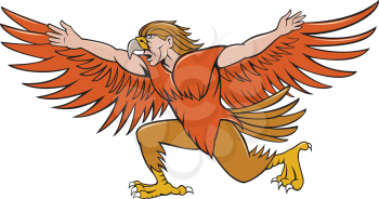 Illustration of a Lleu  or Lleu Llaw Gyffes, half man half eagle spreading wings viewed from the side on isolated white background done in cartoon style. 