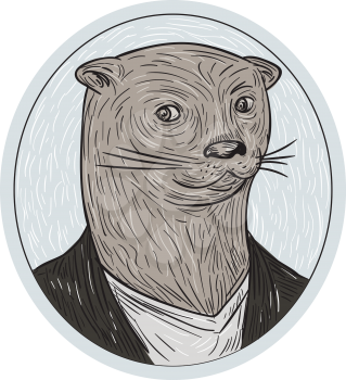Drawing sketch style illustration of an otter head wearing shirt and blazer facing front set inside oval shape. 