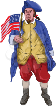 Watercolor style illustration of an american patriot shouting holding usa flag viewed from front set on isolated white background. 