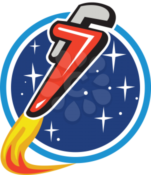 Illustration of a pipe wrench rocket booster blasting off orbiting space set inside circle with stars in the background done in retro style. 