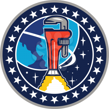 Illustration of a pipe wrench rocket booster orbitting earth space set inside circle with stars in the background done in retro style. 