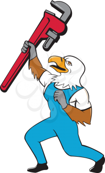 Illustration of a american bald eagle plumber standing with knee bended raising up giant pipe wrench adjustable wrench over head looking up viewed from the side  on isolated white background done in c