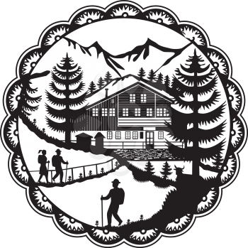 Swiss decoupage style illustration of a Swiss Chalet nestled in the foot of the Alps with Alpine trees and hikers set inside rosette done in black and white.