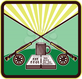 Illustration of a fly box, mug with crossed fly rods on wheels set inside rectangle shape with sunburst in the background done in retro style. 