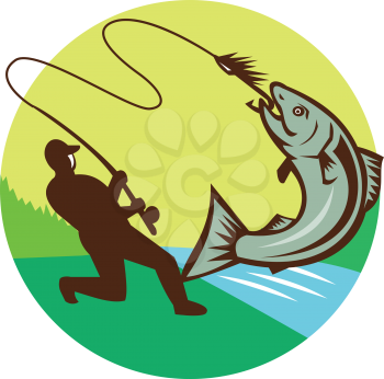 Illustration of a fly fisherman fishing casting rod and reel hooking salmon viewed from the side set inside circle with river sea in the background done in retro style