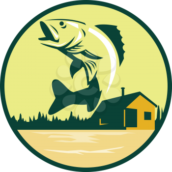 Illustration of a Walleye (Sander vitreus, formerly Stizostedion vitreum), a freshwater perciform fish jumping with lake and cabin in the woods in the background set inside circle done in retro style.