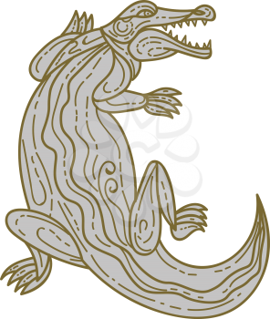 Mono line style illustration of an alligator crocodile climbing up viewed from front set on isolated white background. 