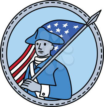 Mono line style illustration of an American revolutionary soldier serviceman holding USA stars and stripes flag on shoulder set inside circle on isolated background. 