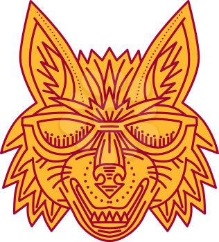 Mono line style illustration of a coyote wolf head wearing sunglasses smiling viewed from front set on isolated white background.