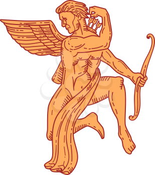 Mono line style illustration of angel cupid holding bow drawing arrow from the back looking to the side viewed from front set on isolated white background. 