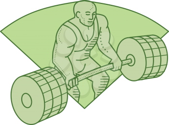 Mono line style illustration of a weightlifter lifting barbell weights with both hands set inside shield crest on isolated background. 